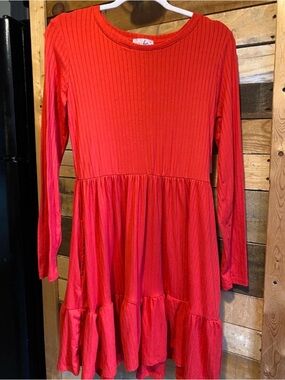 just be Red Long-Sleeve Tiered Knit Dress